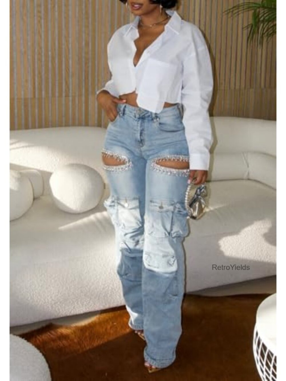 High Rise Wide Leg Rhinestone Cargo Jeans Stretch Ripped Denim Pants - Picture 3 of 6